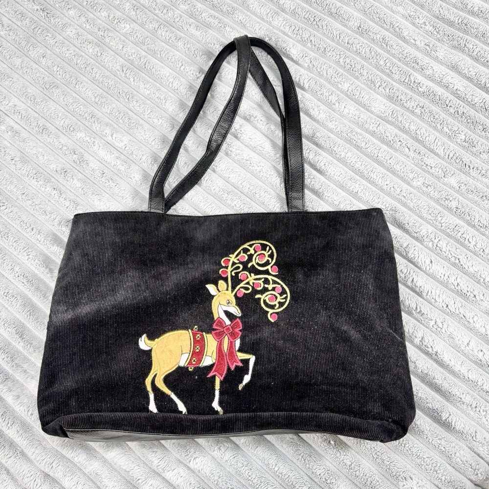 Christmas Holiday Purse Handbag Vintage Tote Bag Black Corduroy Cotton Reindeer